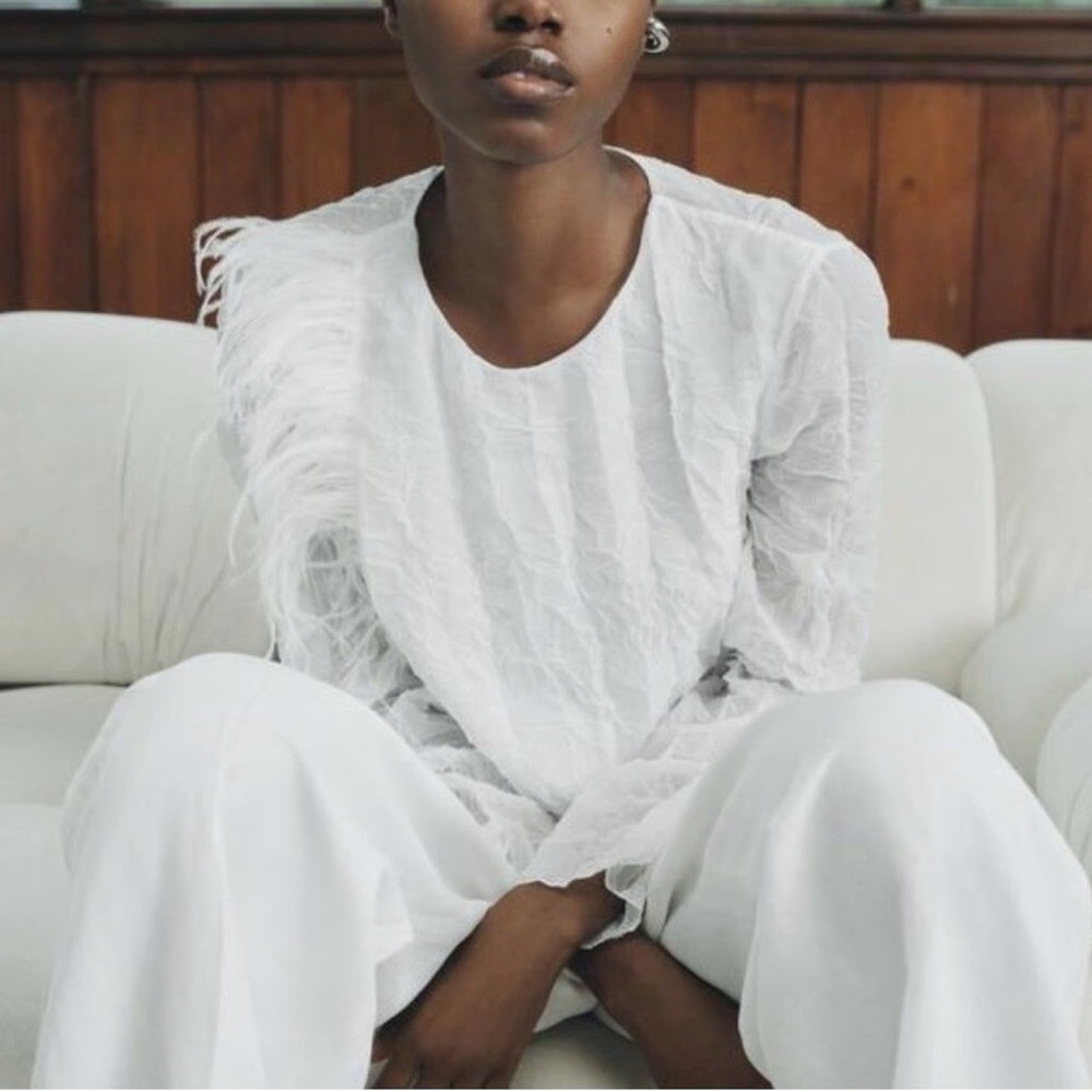 Zara Elegant White Blouse with Feather Accent